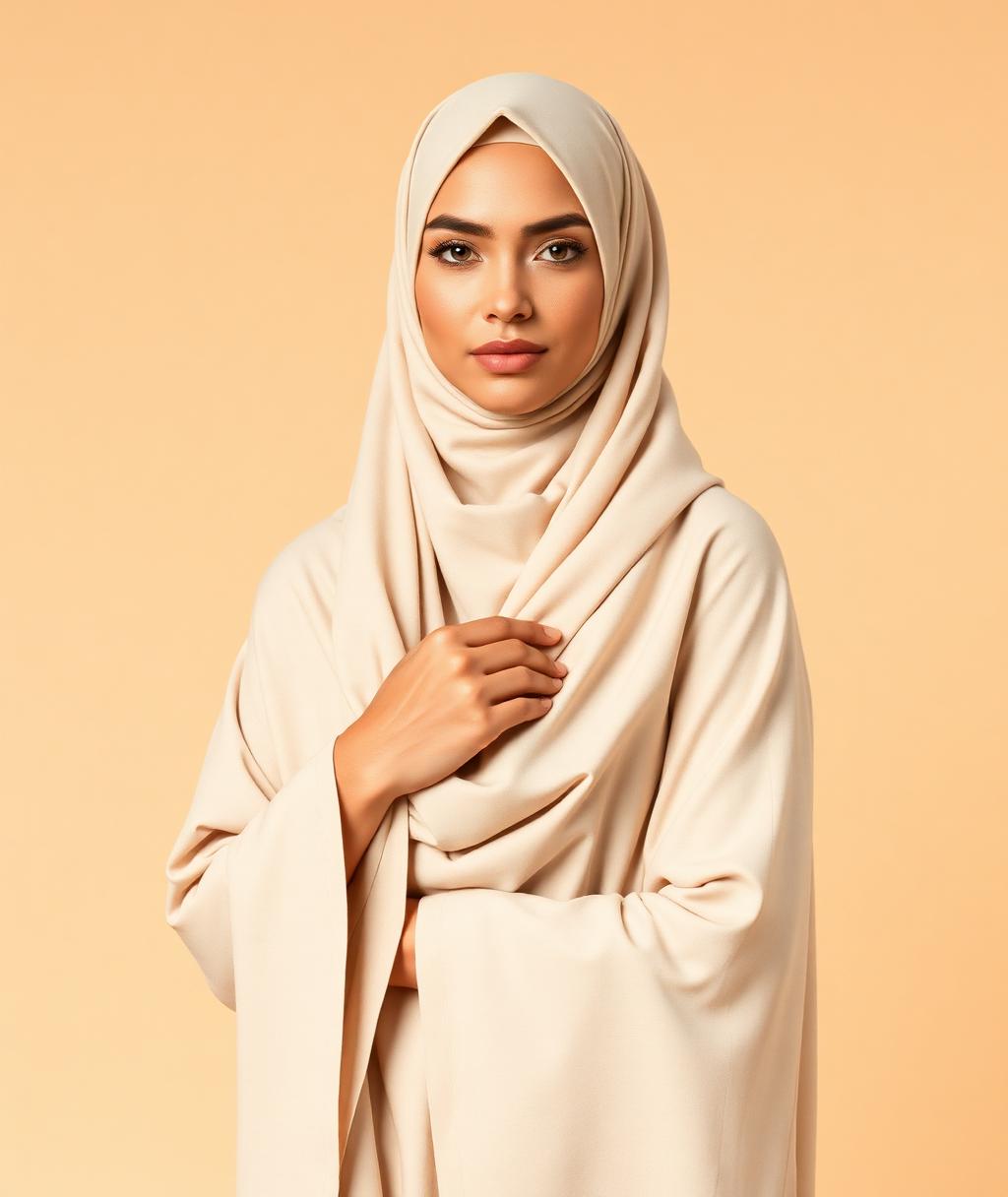 Femme musulmane en abaya et hijab beige